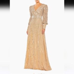 SEQUINED WRAP OVER BISHOP SLEEVE GOWN 